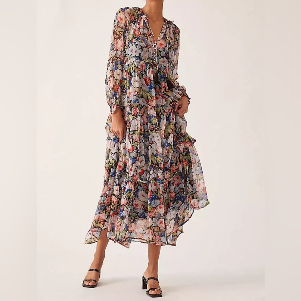 Anthropologie Floral Long-Sleeve Tiered Maxi Dress in Black Multi